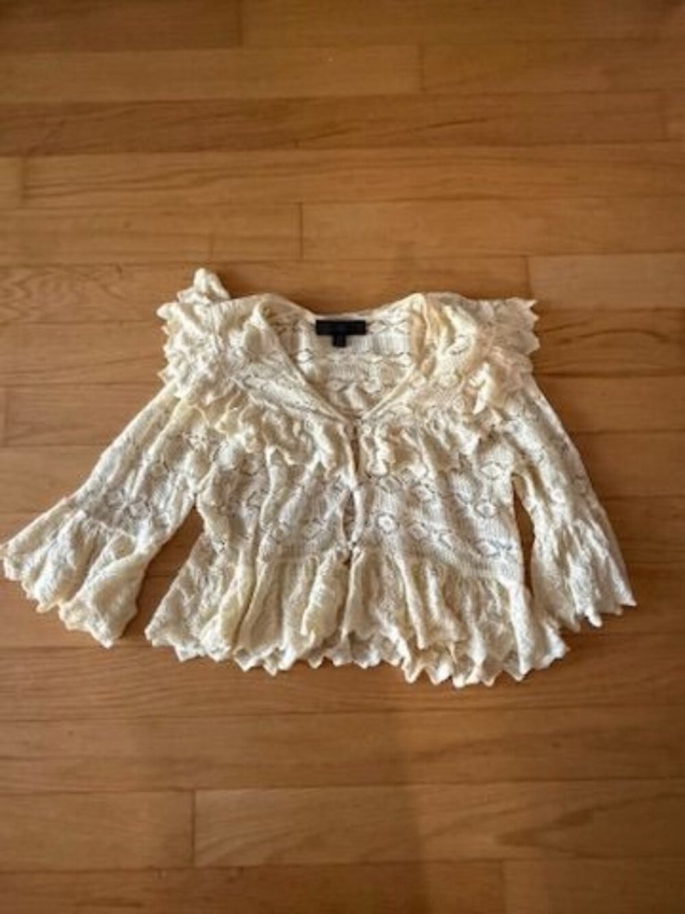Zara Women's Small Cream/Yellow 3/4 Sleeve Lace Ruffled Button Up Cardigan